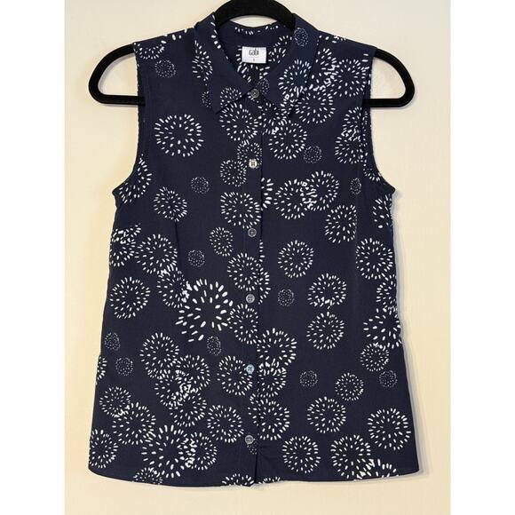 CAbi Sz S Wish Top 5215 Button Front Navy Dandelion Print Peplum Back Hem Blouse - Picture 1 of 8